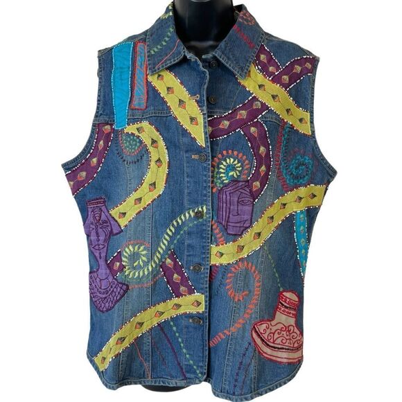 Vintage Chicos Patchwork Denim Embroidered Beaded Sequin Colorful Abstract Vest - Picture 1 of 11